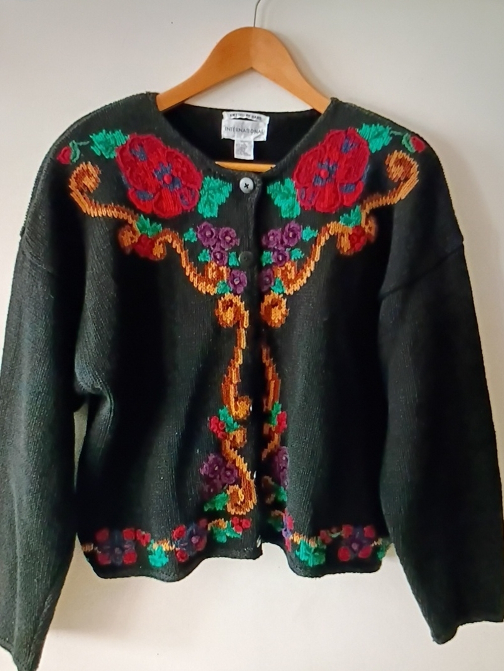 Vintage Floral Embroider Hand Knit Cardigan Sweater 80s Shoulder Pad Boho Granny